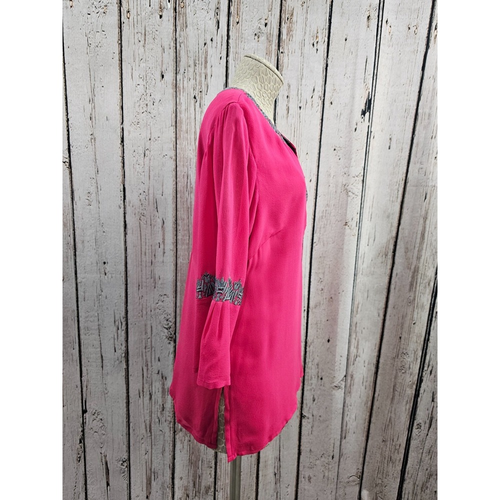 Rungolee L Pink Silk Bell Sleeve Peasant Blouse Shirt Top Tunic Boho Chic EUC - Picture 5 of 8